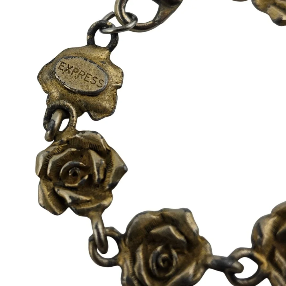 Express Rose Floral Link Kids Bracelet Antique Style Gold Tone FAIR Cottagecore